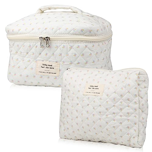 NATINSA Cute Makeup Bag for Women(2 Pcs), Travel Cosmetic Bags, Quilted Coquette Aesthetic Floral Toiletry Organizer Bag (Little Flower) - color: Little Flower
