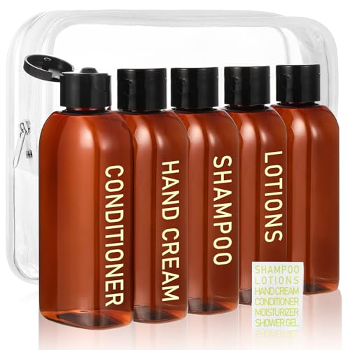 5 Pack Travel Bottles for Toiletries, 3.4oz TSA Approved Travel Size Containers, Leak Proof Refillable Travel Accessories for Shampoo Conditioner, Plastic Travel Bottles with Toiletry Bag and Label. - color: Amber