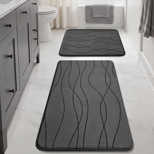 YIHOUSE Memory Foam Bathroom Rug Sets, Dark Grey, 17x24 & 20x32, 2 Piece | Ultra Soft, Absorbent, Non-Slip, Machine Washable - color: Dark Grey, size: 17"x24"+20"x32"