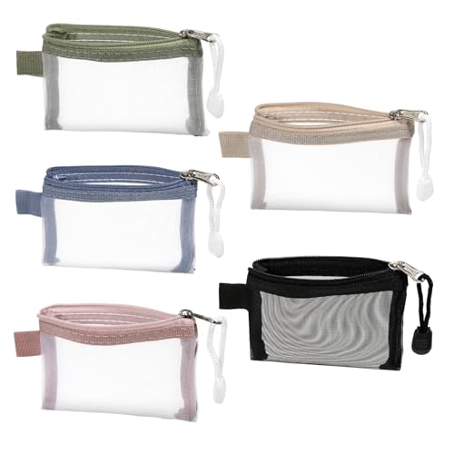 Skrfren 5pcs Mini Zipper Mesh Bags, 3" x 4.3" Nylon Small Zipper Mesh Pouch Key Holder Clear Travel Kit Storage Coin Purse Portable Cosmetic Pouch for Small Items Key Lipstick Credit Card