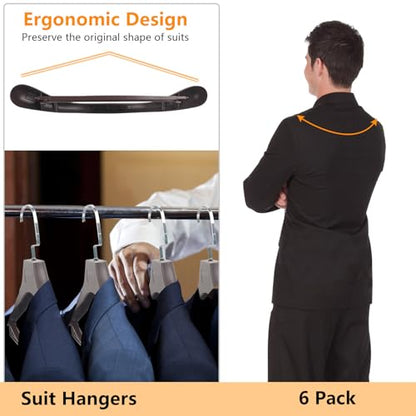 Suit Hangers for Men 6 Pack, Brown Coat Hangers Extra Wide Non Slip Width 17.7", Thick Plastic with Pants Bar & Metal Hook - color: Brown, size: 6 Pack