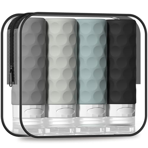 Silevoler Travel Bottles for Toiletries, 4pcs Tsa Approved 3oz Travel Size Containers, BPA Free Leak Proof Premium Silicone Bottles, Refillable Liquid Squeezable Accessories W/Toiletry Bag - color: Gray