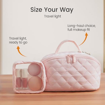 Makeup Bag for Woman, Travel Makeup Bag, Wide Open Lay-Flat Water-Resistant Cosmetic Case, Puffy Padded Organizer for Toiletries & Brushes Large Capacity with Compartments (White) - color: White