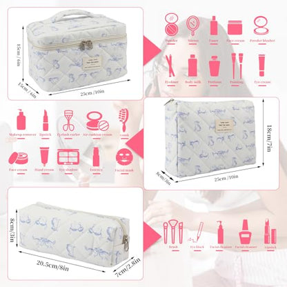 3PCS Coquette Makeup Bag，Quilted Cosmetic Bag Large Make Up Bag Set，Quilted Portable Toiletry Organizer Bag，Cotton Travel Skincare Bag for Women Girls (01-Blue Cat) - style: 01-blue Cat