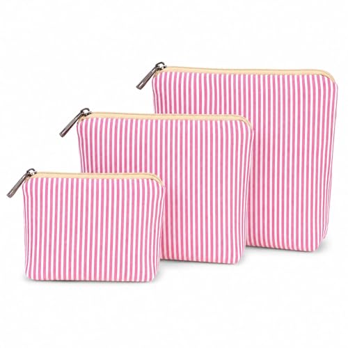 Small Cosmetic Bag Set of 3 for Purse, Cute Cotton Floral Makeup Bags, Small Makeup Bag Organizer, Cosmetic Pouch Set for Travel & Daily Use - color: Pink Stripe