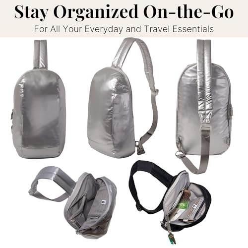 Baggallini Swift Sling - Lightweight 7.25"x 12.5" Crossbody Sling Backpack with Convertible - color: Silver Metallic