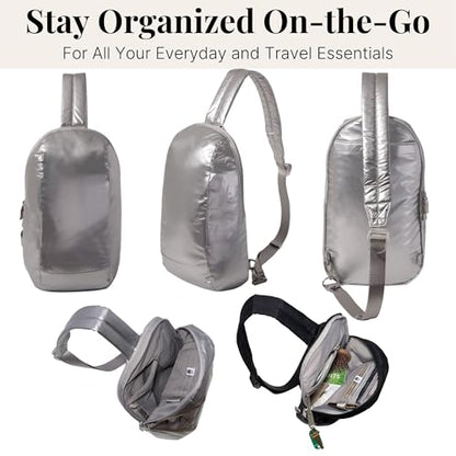 Baggallini Swift Sling - Lightweight 7.25"x 12.5" Crossbody Sling Backpack with Convertible - color: Silver Metallic