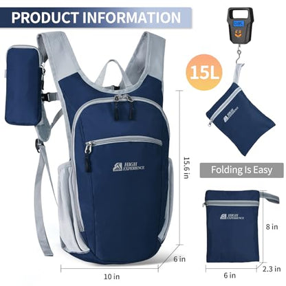 Hiking Backpack 10L/15L Small Daypack Lightweight Packable Travel Foldable Water Resistan for Women Men (Navy Blue, 15L) - color: Navy Blue, size: 15L