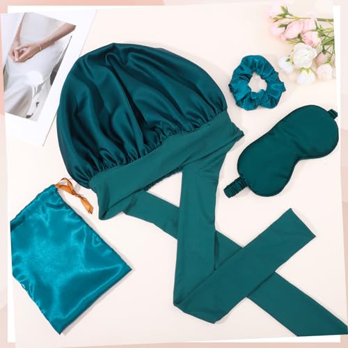 Satin Bonnet Set, Hair Bonnet for Sleeping Silk Bonnet with Eye Mask for Women Curly Hair - color: Peacock Blue