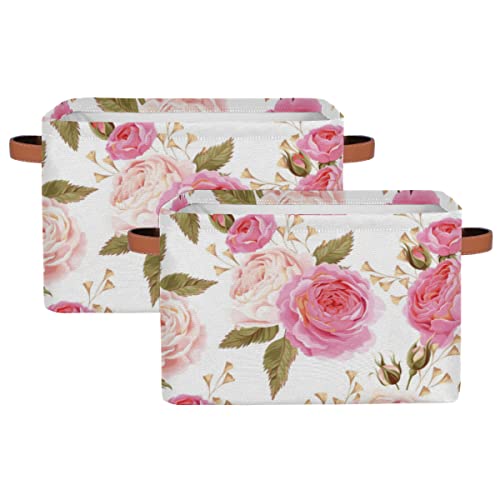 Pardick 2Pack Floral Flower Rose Large Collapsible Storage Bins,Pink Roses Decorative Canvas Fabric Storage Boxes Organizer with Handles，Rectangular Shelves Baskets Box for Home Office Nursery Closet - color: Pink Rose