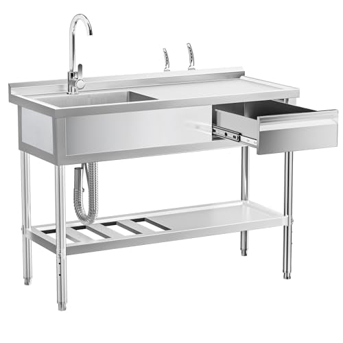 Stainless Steel Sink with Cold and Hot Water Pipes, Free Standing Single Bowl Commercial Kitchen Sink W/Workbench & Storage Shelf, Faucet For Laundry Room, Farmhouse, Indoor/Outdoor(47 inch) - color: 47" Sink with Right Drainboard
