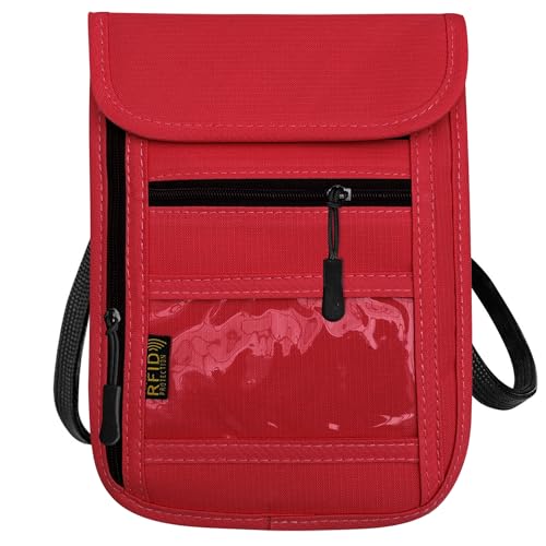 RFID Blocking Travel Neck Wallet Pouch and Passport Holder, Travel Neck Pouch Passport Holder for Women & Men - Red - color: Red