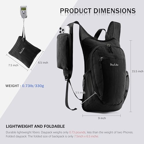Uselike 10L Small Hiking Backpack Travel Daypack Lightweight Packable Back Pack for Women Men(Black) - color: Black