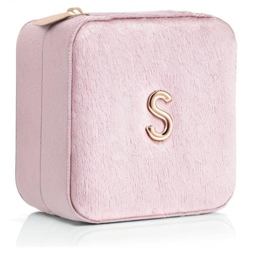 VLANDO Small Travel Jewelry Box Organizer Display Case for Rings Earrings Necklaces Storage, Selected Soft Velvet, Letter S Engraved, Pink - color: b. Powder Pink S