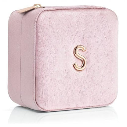 VLANDO Small Travel Jewelry Box Organizer Display Case for Rings Earrings Necklaces Storage, Selected Soft Velvet, Letter S Engraved, Pink - color: b. Powder Pink S