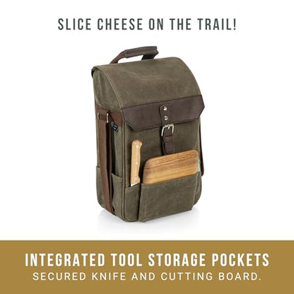 PICNIC TIME 2 Bottle Insulated Wine Bag with Cheese Board and Knife Set - Wine Picnic Bag - Distressed Waxed Canvas Wine Tote, (Khaki Green with Brown Accents) - color: Khaki Green With Brown Accents