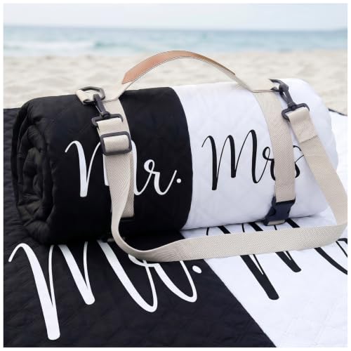 Waterproof Beach Blanket Picnic Outdoor Mat Bridal Shower Gifts Registry Bride Groom Name Newly Wed Must Haves Engagement Party Stuff Marriage Newlywed Couple Mr Mrs Honeymoon Elopement Essential - color: Black and White