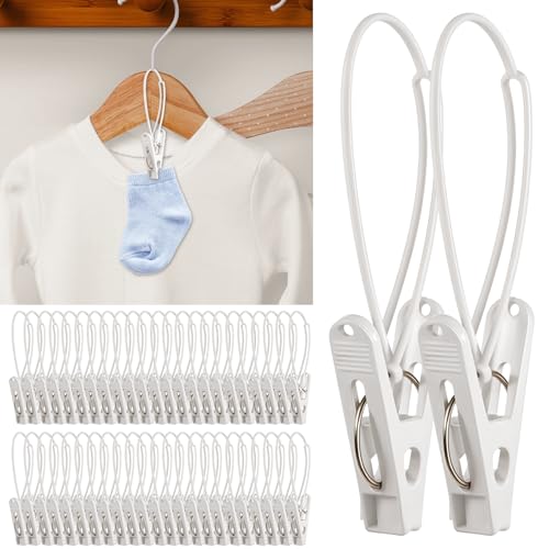 90 Pack Multi-Purpose Laundry Hooks Hanging Clips, Clothes Pins with Plastic Rope Hangers with Clips for Baby Clothes Pants Socks Towels Wardrobe & Kitchen Organization