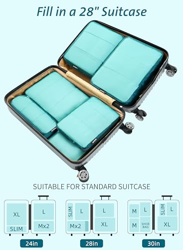 Bagail Ultralight Compression Cubes 7 Set - 3 Packing Cubes, 3 Organizers, and 1 Shoe Bag - color: Teal, style: Mesh Pattern