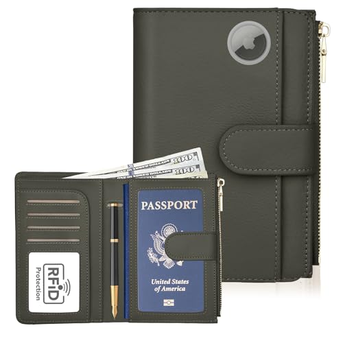 Passport Holder for Travel, Leather Passport Wallet with Airtag Slot, RFID Blocking Travel Wallet for Women Men, Passport Cover with Air Ticket Card Cash Coin Pocket, Travel Essentials Gift - color: Dark Green