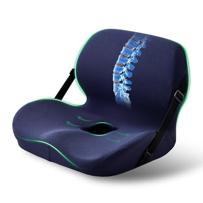 Ergonomic Seat Cushion for Sciatica Relief & Long Driving - Memory Foam Back Support with Adjustable Strap, Non-Slip Base & Removable Mesh Cover - Office, Car (Navy Blue) - color: Navy