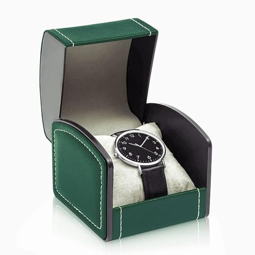 Single Watch Case, PU Leather Watch Travel Case with Removable Cushion, Portable Jewelry Storage Case Organizer Square Watch Box Bracelet Holder for Most Watches and Smart Watch (green) - color: green