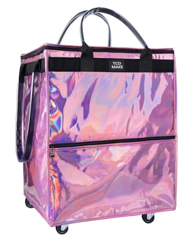 (Large, Phantom Pink) Reusable Grocery Bag on Wheels, Shopping Bags with Wheels and Handle, Folding Rolling Tote, Zipper Cover, Carries Up to 76 LBS, for Laundry, Picnic - color: Phantom Pink, size: Large