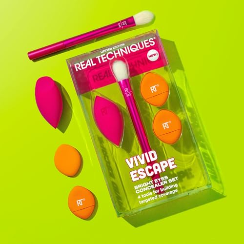 Real Techniques Vivid Escape Bright Eyes Concealer 4 Piece Set, Includes Kitten Paw Makeup Brush, Powder Puff, & Concealer Makeup Blending Sponge, Targeted Concealing, Travel Friendly, Cruelty-Free - size: 1 Count (Pack of 4)