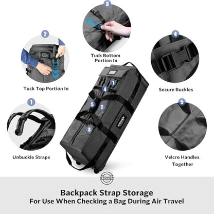 STOVER 45/80/100L Rolling Duffel Bag with Wheels, Large Durable Travel Duffle + Toiletry Bag, Heavy Duty, Packable, Foldable with Shoulder Straps- Use as Luggage or Backpack, Men/Women (Black) - color: Black
