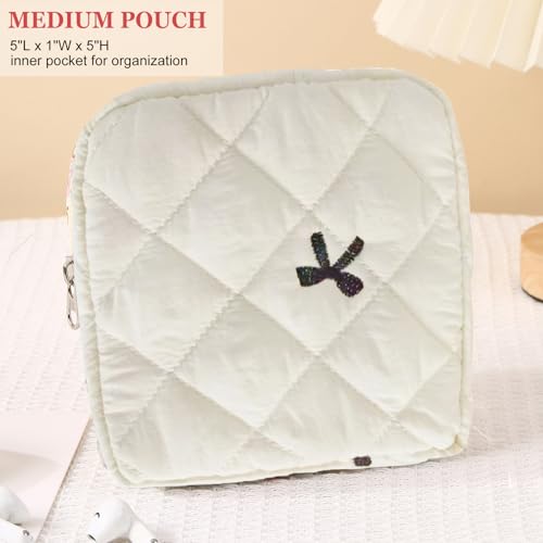HAPPYHEIDI Quilted Nylon Drawstring Makeup Bag Set 2 Compartment Cosmetic Toiletry Travel Pouch, Purse Organizer, Creamy White Embroidery Bow - color: KJM-Quilted Cotton Pouch with Compartment Set of 2- Embroidery Bow