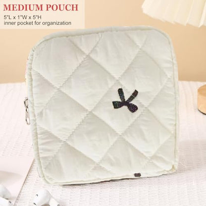 HAPPYHEIDI Quilted Nylon Drawstring Makeup Bag Set 2 Compartment Cosmetic Toiletry Travel Pouch, Purse Organizer, Creamy White Embroidery Bow - color: KJM-Quilted Cotton Pouch with Compartment Set of 2- Embroidery Bow