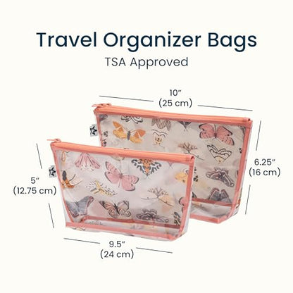 Tiny Twinkle Diaper Bag Organizing Pouches | 2 Pack Mess-Proof Travel Organizer Bags with Structured Bottom & Clear Front | TSA Approved Toiletry Bag Set for Baby and Mom Essentials (Flutter) - color: Flutter