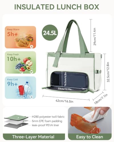 HOMESPON Lunch Bag, 24.5L Large Tote Bag for Women, Laptop Bag Fits 15.6" with Insulated Lunch Compartment & Shoulder Strap, Work Tote for Nurse, Teacher, Office, Commute, Travel, Beige-green - color: Green