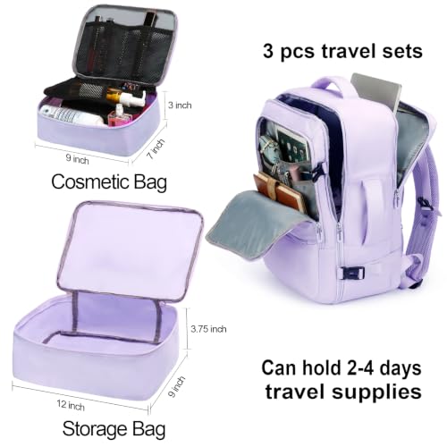 SHRRADOO Travel Backpack for Women & Men,Airline Approved Carry On Luggage,TSA Overnight Bags,40L Personal Item Travel Bag fits 17" Laptop,Carry on Bag with Storage Bag Cosmetic Bag Set 3pcs - color: Light Pink