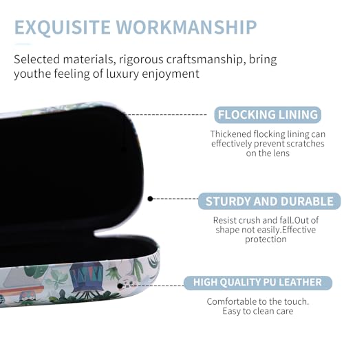 PERFECTSIGHT Sunglasses Case, Large Hard Shell Glasses Case, Cute PU Leather Protective Eyeglasses Case for Women Men - color: Green Plant Cat