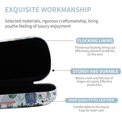 PERFECTSIGHT Sunglasses Case, Large Hard Shell Glasses Case, Cute PU Leather Protective Eyeglasses Case for Women Men - color: Green Plant Cat