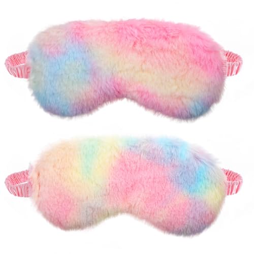 2 Pcs Plush Eye Mask Soft Sleeping Blindfold Eye Cover Comfortable Furry Faux Fur Sleeping Mask Satin Nap Night Eyeshade Cover for Women Men Gift (Light Rainbow, Dark Rainbow) - color: Light Rainbow, Dark Rainbow