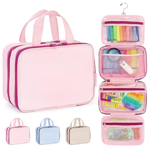 Kids Travel Organizer – Multi-Compartment, Water-Resistant Hanging Bag for Toys, Snacks, & Activities - Compact, Lightweight Design with Hook & Carry Handle - Perfect for Travel Use (Pink, Small) - color: Pink, size: Small