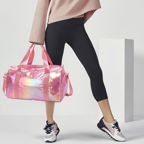Gym Bag Sports Duffle Bag with Wet Pocket Weekender Overnight Bag with Waterproof Shoe Pouch and Air Hole for Girls Kids Women Travel Foldable Bag - color: W-Pink