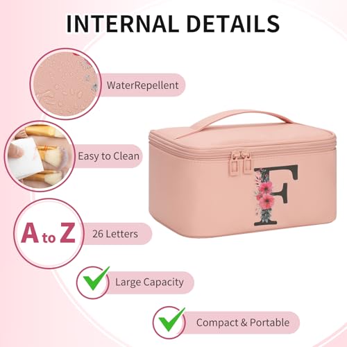 OCHEAL Initial Makeup Bag,Monogram Make up Bag Pink Travel Makeup Organizer Case Beauty Toiletry Cosmetic Bag with Brush Holder, Trendy Stuff Personalized Gifts for Women and Girls-F - color: Pink, style: F