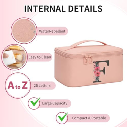 OCHEAL Initial Makeup Bag,Monogram Make up Bag Pink Travel Makeup Organizer Case Beauty Toiletry Cosmetic Bag with Brush Holder, Trendy Stuff Personalized Gifts for Women and Girls-F - color: Pink, style: F