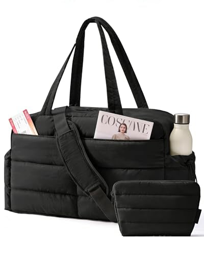 BAGSMART Gym Bag for Women, Lightweight Puffer Duffle Bag 2-PC Travel Bag, 31L Weekender Overnight Bag Quilted Carry On Tote Bag, Diaper Hospital Dance Bag for Travel, Gym, Water Resistant, Black - color: Black