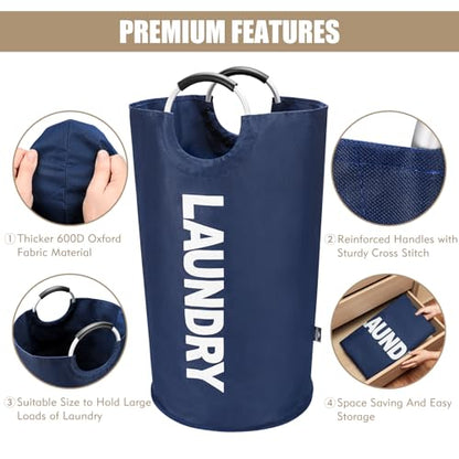 DOKEHOM 90L Large Laundry Basket, Collapsible Laundry Bag, Freestanding Tall Clothes Hamper, Foldable Washing Bin (Dark Blue) - color: Dark Blue, size: 90L