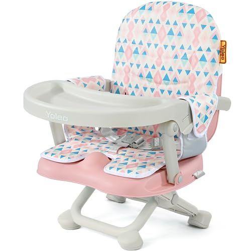 YOLEO Baby High Chair Booster Seat for Dining Table, Foldable High Chairs with Adjustable Heights, Travel Booster Seat with Removable Tray - color: Pink, size: With Cushion