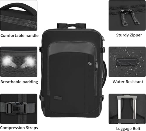 Vancropak Backpack for Men, Extra Large 50L Travel Backpack, Carry on Airplane Approved Luggage Bag with 3 Packing Cubes for Suitcases, Overnight Weekender Business Hiking Daypack Bag, Black