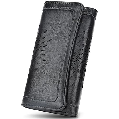 APHISON Womens Wallets RFID Blocking Leather Clutch Long Wallet for Women Card Holder Phone Organizer Ladies Travel Purse Hollow Out Sunflower Design Gift - color: BLACK