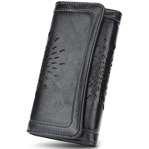 APHISON Womens Wallets RFID Blocking Leather Clutch Long Wallet for Women Card Holder Phone Organizer Ladies Travel Purse Hollow Out Sunflower Design Gift - color: BLACK