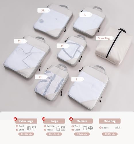 Meowoo 7 Set Compression Packing Cubes for Travel, Durable Ripstop Mesh Suitcase Organizer with Shoe Bag, Ultralight & Expandable Space Saver Travel Cubes - color: Beige