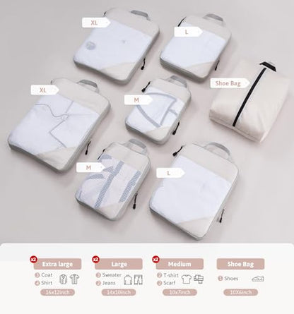Meowoo 7 Set Compression Packing Cubes for Travel, Durable Ripstop Mesh Suitcase Organizer with Shoe Bag, Ultralight & Expandable Space Saver Travel Cubes - color: Beige