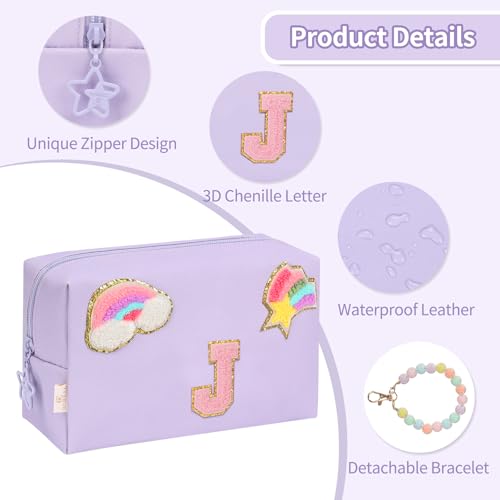 Initial Makeup Bag for Girls, Cute Makeup Bag Small Cosmetic Bag Travel Make Up Organizer Pouch, Birthday Gifts for Girls 4 5 6 7 8 9 10 11 12 13 14 15 Years Old, Teen Girls Gifts Trendy Stuff - color: Purple + Bracelet, style: J